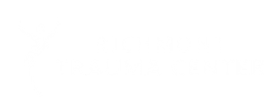 Logo of the Richmond Trauma Center, featuring a stylized figure with raised arms, accompanied by bold text of the center's name in all white.